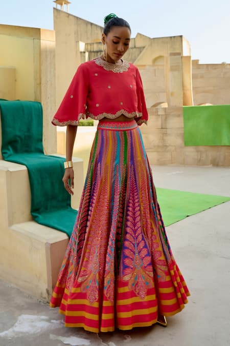 Swati Vijaivargie_Red Silk Sequins Round Neck Embroidered Blouse With Color Block Lehenga _Online_at_Aza_Fashions