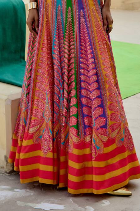 Buy_Swati Vijaivargie_Red Silk Sequins Round Neck Embroidered Blouse With Color Block Lehenga _Online_at_Aza_Fashions