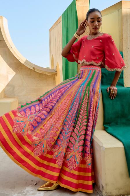 Shop_Swati Vijaivargie_Red Silk Sequins Round Neck Embroidered Blouse With Color Block Lehenga _Online_at_Aza_Fashions