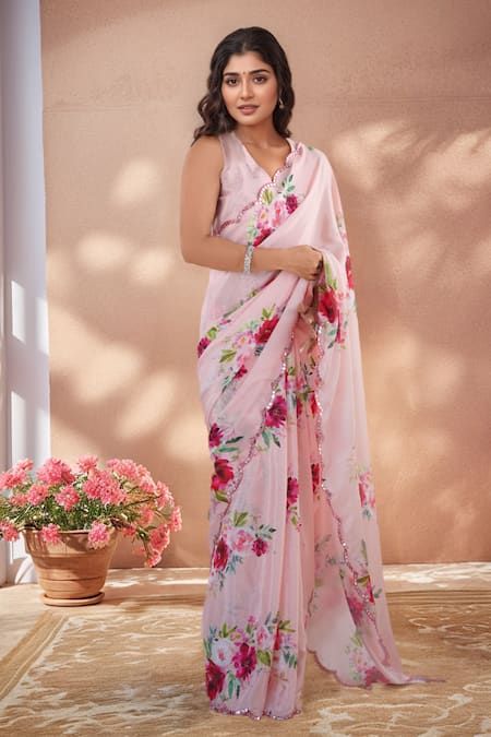 Naintara Bajaj Multi Color Chinon Mirrors Printed Saree With Unstitched Blouse Piece 