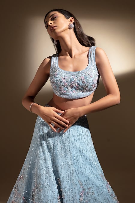 Buy Panihari Blue Organza Sequins, Pearls, Beads, Cut Floral Embroidered Lehenga And Blouse Set Online at Aza Fashions Buy_Panihari_Blue Organza Sequins, Pearls, Beads, Cut Floral Embroidered Lehenga And Blouse Set _Online_at_Aza_Fashions