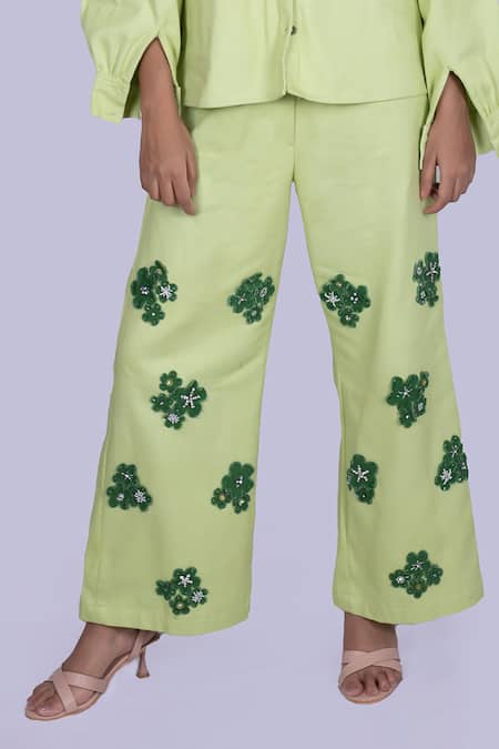Buy_Jajobaa_Lime Denim Fabric Flowers, Pearls, Crystals, Embellished Shirt And Pant Co-ord Set _Online_at_Aza_Fashions
