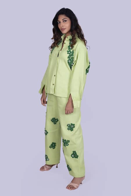 Shop_Jajobaa_Lime Denim Fabric Flowers, Pearls, Crystals, Embellished Shirt And Pant Co-ord Set _Online_at_Aza_Fashions