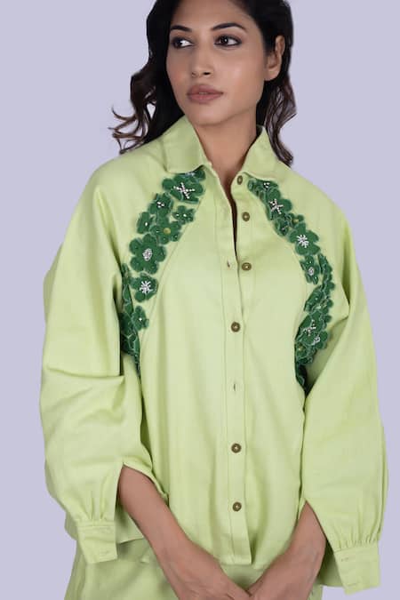 Jajobaa_Lime Denim Fabric Flowers, Pearls, Crystals, Embellished Shirt And Pant Co-ord Set _at_Aza_Fashions
