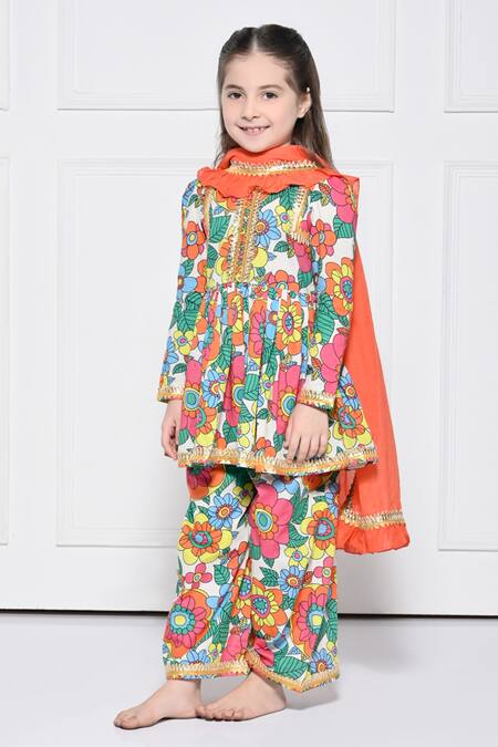 The Pony & Peony Co._Multi Color Cotton Gota Patti, Zari, Ruffles Floral Print Anarkali Pant Set _Online_at_Aza_Fashions