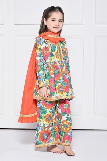 Buy_The Pony & Peony Co._Multi Color Cotton Gota Patti, Zari, Ruffles Floral Print Anarkali Pant Set _Online_at_Aza_Fashions