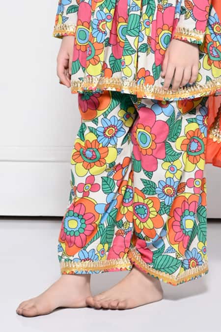 Shop_The Pony & Peony Co._Multi Color Cotton Gota Patti, Zari, Ruffles Floral Print Anarkali Pant Set _Online_at_Aza_Fashions