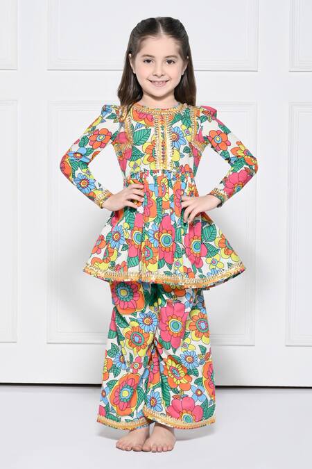 The Pony & Peony Co._Multi Color Cotton Gota Patti, Zari, Ruffles Floral Print Anarkali Pant Set _at_Aza_Fashions