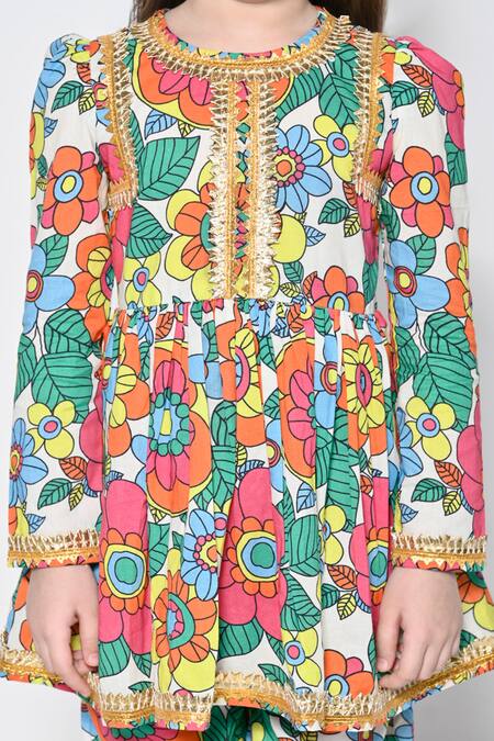 Buy_The Pony & Peony Co._Multi Color Cotton Gota Patti, Zari, Ruffles Floral Print Anarkali Pant Set 