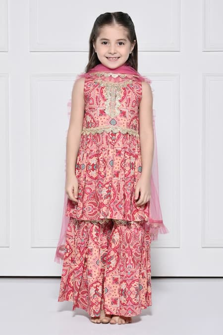The Pony & Peony Co. Peach Cotton, Net Gota Patti, Embroidery, Ruffles Printed Anarkali Sharara Set  