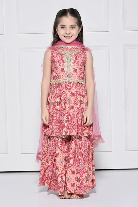 The Pony & Peony Co._Peach Cotton, Net Gota Patti, Embroidery, Ruffles Printed Anarkali Sharara Set  _Online_at_Aza_Fashions