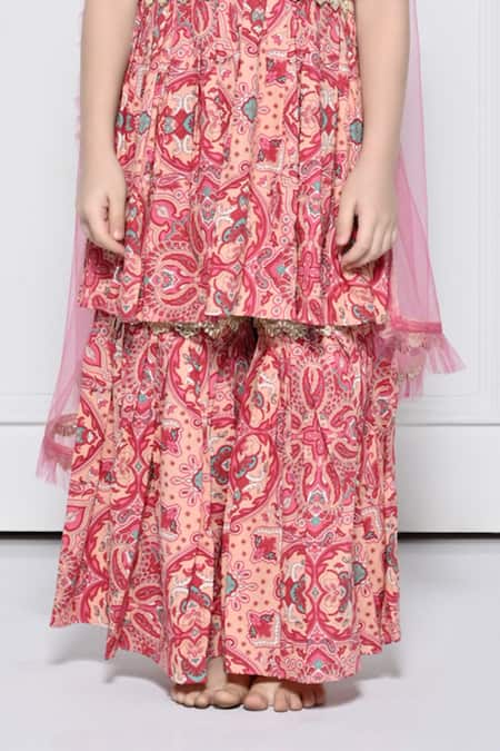 Buy_The Pony & Peony Co._Peach Cotton, Net Gota Patti, Embroidery, Ruffles Printed Anarkali Sharara Set  _Online_at_Aza_Fashions