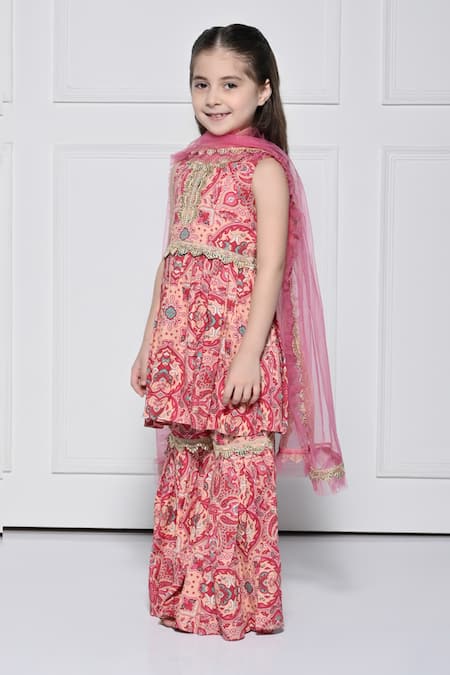 Shop_The Pony & Peony Co._Peach Cotton, Net Gota Patti, Embroidery, Ruffles Printed Anarkali Sharara Set  _Online_at_Aza_Fashions