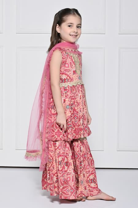 The Pony & Peony Co._Peach Cotton, Net Gota Patti, Embroidery, Ruffles Printed Anarkali Sharara Set  _at_Aza_Fashions