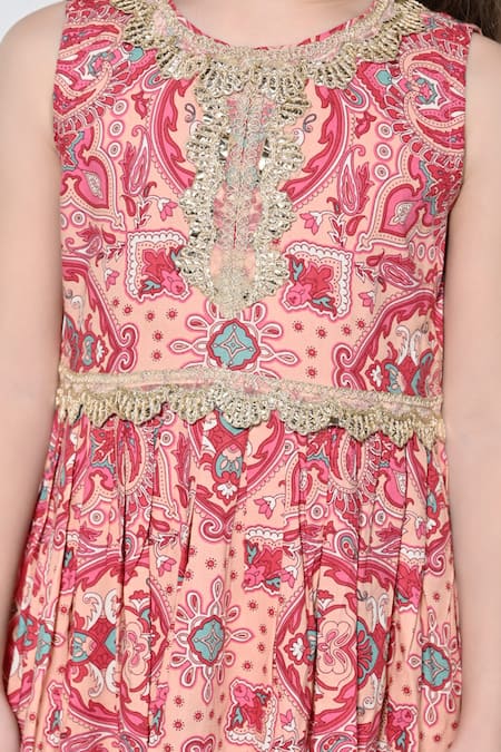 Buy_The Pony & Peony Co._Peach Cotton, Net Gota Patti, Embroidery, Ruffles Printed Anarkali Sharara Set  