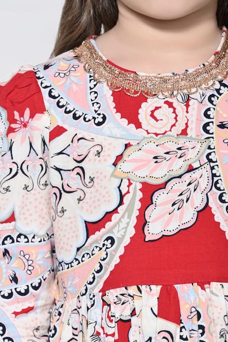 The Pony & Peony Co._Red Cotton, Net Gota Patti Paisley Print Anarkali Pant Set _Online_at_Aza_Fashions