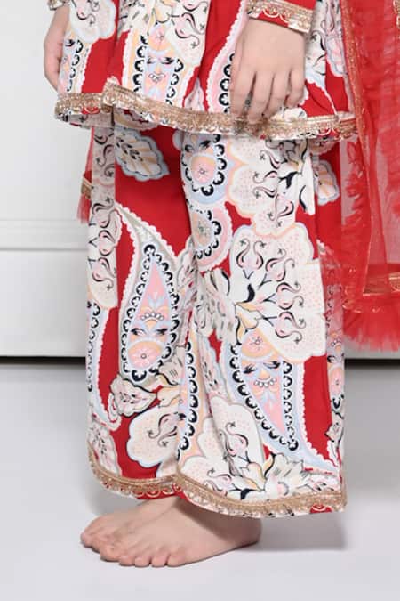 Buy_The Pony & Peony Co._Red Cotton, Net Gota Patti Paisley Print Anarkali Pant Set _Online_at_Aza_Fashions