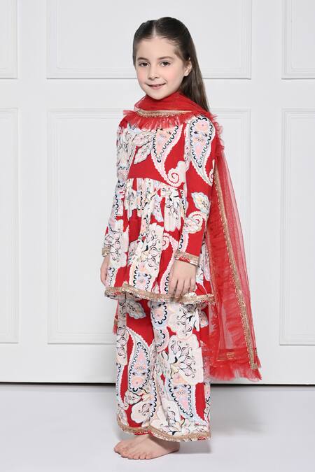 The Pony & Peony Co._Red Cotton, Net Gota Patti Paisley Print Anarkali Pant Set _at_Aza_Fashions