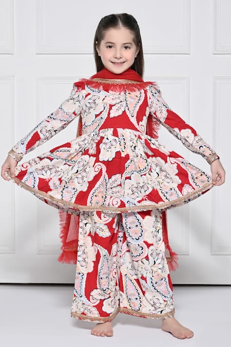 The Pony & Peony Co. Red Cotton, Net Gota Patti Paisley Print Anarkali Pant Set 