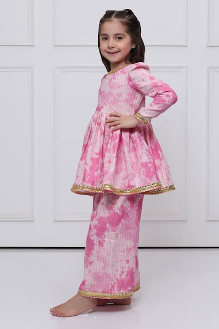 The Pony & Peony Co._Pink Cotton Gota Patti, Piping Tie-dye Anarkali Pant Set _Online_at_Aza_Fashions
