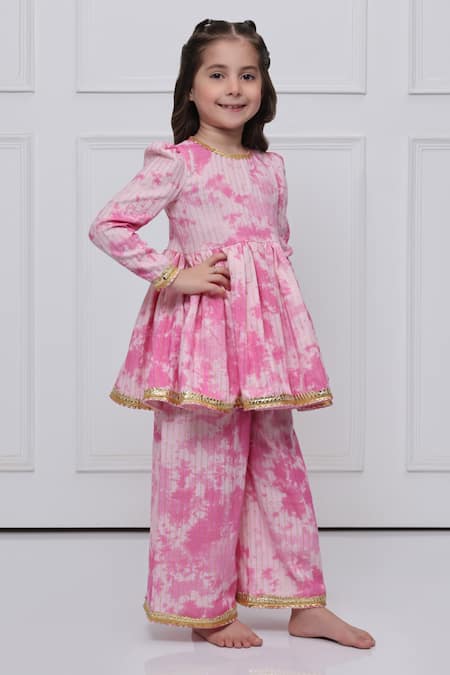 Buy_The Pony & Peony Co._Pink Cotton Gota Patti, Piping Tie-dye Anarkali Pant Set _Online_at_Aza_Fashions