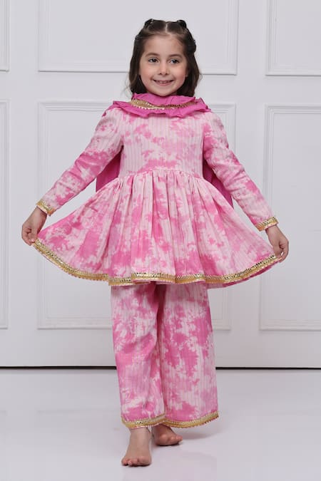 The Pony & Peony Co. Pink Cotton Gota Patti, Piping Tie-dye Anarkali Pant Set 