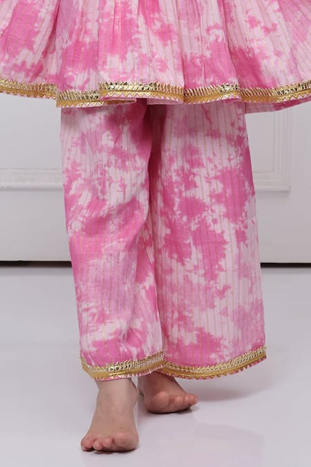 The Pony & Peony Co._Pink Cotton Gota Patti, Piping Tie-dye Anarkali Pant Set _at_Aza_Fashions