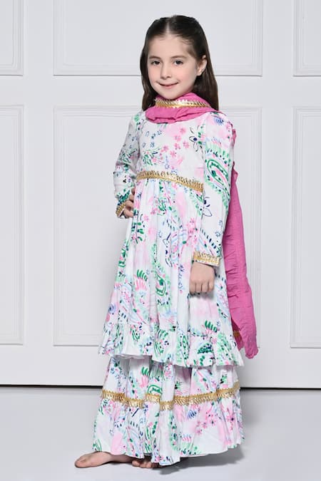 The Pony & Peony Co._White Cotton Gota Patti, Ruffles Paisley Print Anarkali Pant Set _Online_at_Aza_Fashions