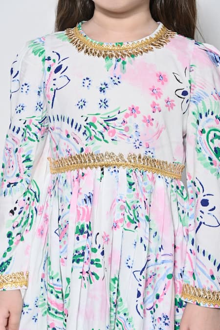 The Pony & Peony Co._White Cotton Gota Patti, Ruffles Paisley Print Anarkali Pant Set _at_Aza_Fashions