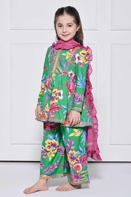 The Pony & Peony Co._Green Cotton Gota Patti, Embroidery, Piping, Floral Print Anarkali Pant Set _Online_at_Aza_Fashions
