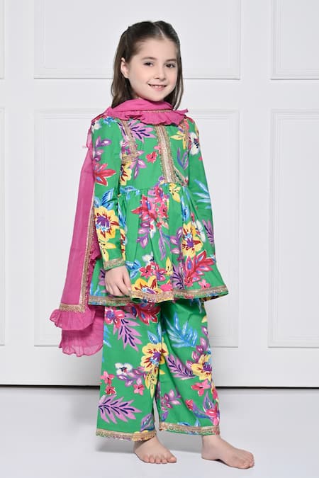 Buy_The Pony & Peony Co._Green Cotton Gota Patti, Embroidery, Piping, Floral Print Anarkali Pant Set _Online_at_Aza_Fashions