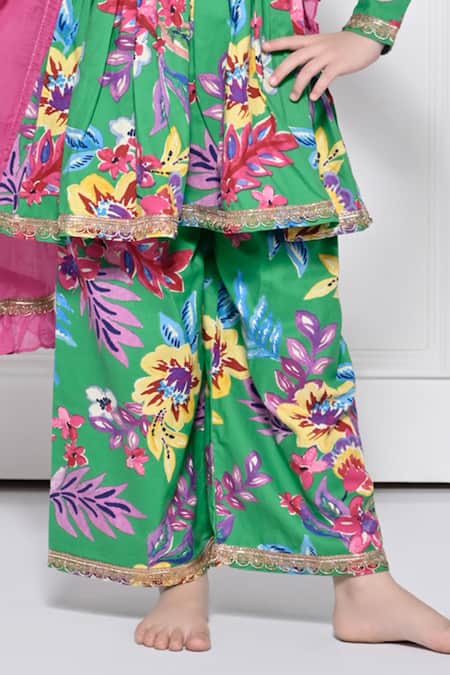 Shop_The Pony & Peony Co._Green Cotton Gota Patti, Embroidery, Piping, Floral Print Anarkali Pant Set _Online_at_Aza_Fashions