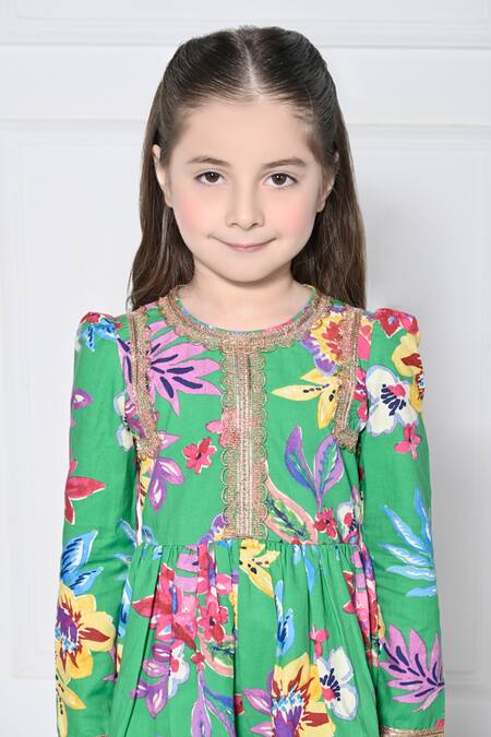 The Pony & Peony Co._Green Cotton Gota Patti, Embroidery, Piping, Floral Print Anarkali Pant Set _at_Aza_Fashions