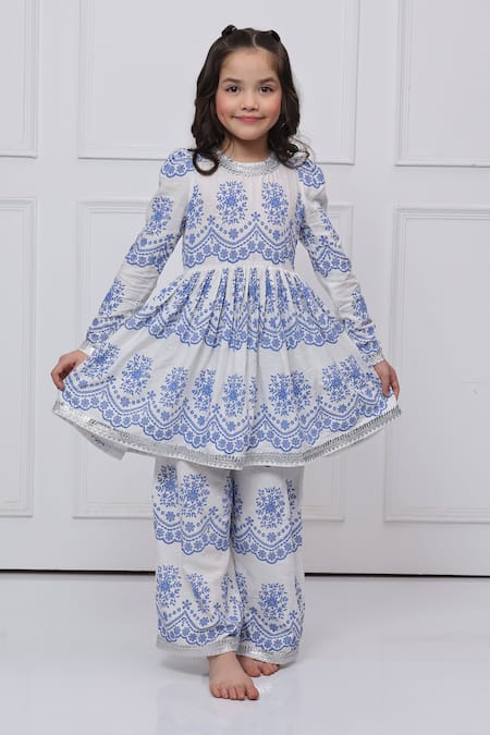 The Pony & Peony Co. White Cotton Embroidery, Lace, Gota Patti Printed Anarkali Set
