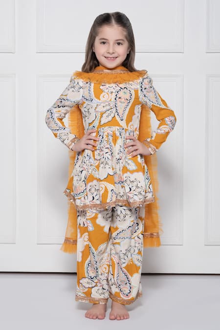 The Pony & Peony Co. Yellow Cotton Zari, Gota Patti, Ruffles Paisley Print Anarkali Set 