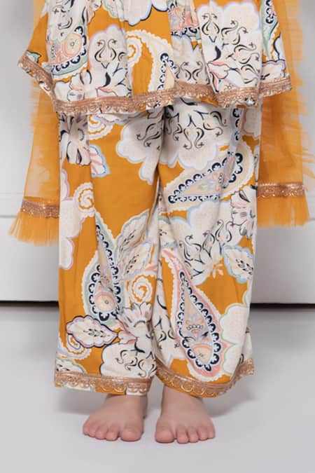 The Pony & Peony Co._Yellow Cotton Zari, Gota Patti, Ruffles Paisley Print Anarkali Set _Online_at_Aza_Fashions