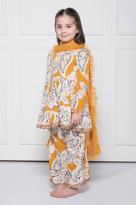 Buy_The Pony & Peony Co._Yellow Cotton Zari, Gota Patti, Ruffles Paisley Print Anarkali Set _Online_at_Aza_Fashions