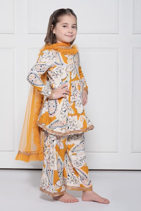Shop_The Pony & Peony Co._Yellow Cotton Zari, Gota Patti, Ruffles Paisley Print Anarkali Set _Online_at_Aza_Fashions