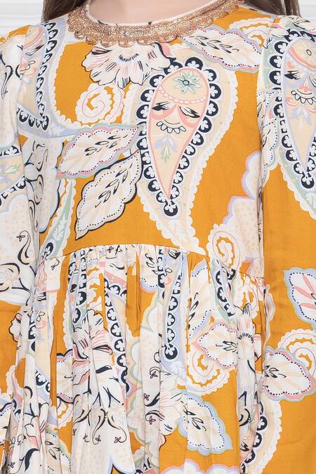 The Pony & Peony Co._Yellow Cotton Zari, Gota Patti, Ruffles Paisley Print Anarkali Set _at_Aza_Fashions