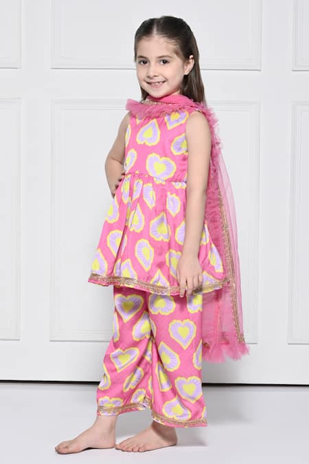 The Pony & Peony Co._Pink Cotton Gota Patti, Lace Heart Print Anarkali Pant Set _Online_at_Aza_Fashions