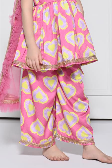 Buy_The Pony & Peony Co._Pink Cotton Gota Patti, Lace Heart Print Anarkali Pant Set _Online_at_Aza_Fashions