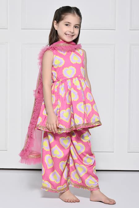 Shop_The Pony & Peony Co._Pink Cotton Gota Patti, Lace Heart Print Anarkali Pant Set _Online_at_Aza_Fashions