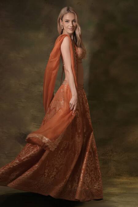 Buy_Archana Kochhar_Orange Silk, Brocade, Organza Embroidery Sweetheart Anant Blouse Lehenga Set _Online_at_Aza_Fashions