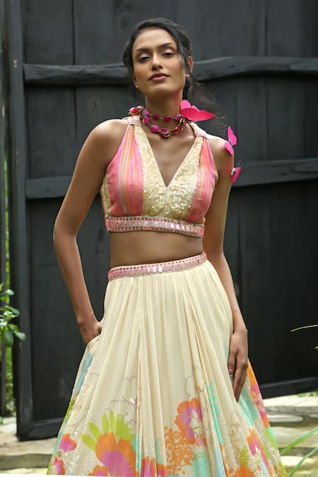 Basil Leaf_Multi Color Crepe, Organza Sequins, Beads, Stones, Gota Floral Print Lehenga Set _Online_at_Aza_Fashions