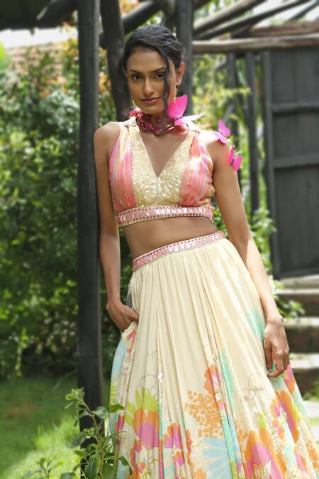 Buy_Basil Leaf_Multi Color Crepe, Organza Sequins, Beads, Stones, Gota Floral Print Lehenga Set _Online_at_Aza_Fashions