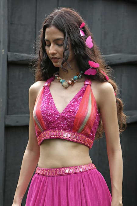 Basil Leaf_Pink Crepe, Organza Sequins, Gota Patti, Embroidery Florette Print Lehenga Set _Online_at_Aza_Fashions
