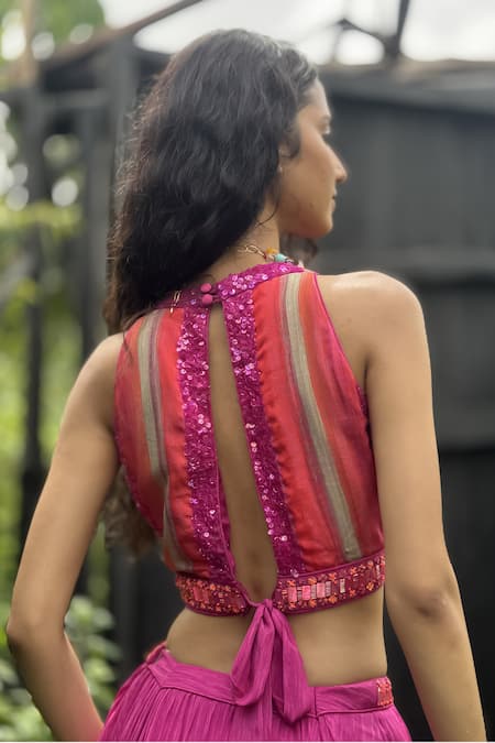 Shop_Basil Leaf_Pink Crepe, Organza Sequins, Gota Patti, Embroidery Florette Print Lehenga Set _Online_at_Aza_Fashions