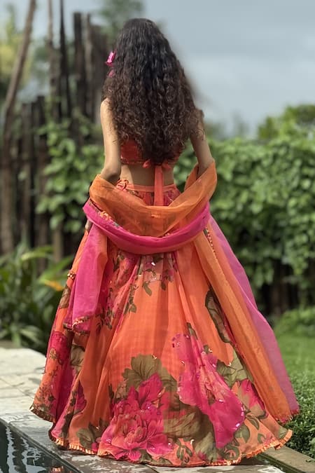 Buy_Basil Leaf_Orange Organza Sequins, Tassels Halter Neck Rose Print Lehenga Set _Online_at_Aza_Fashions