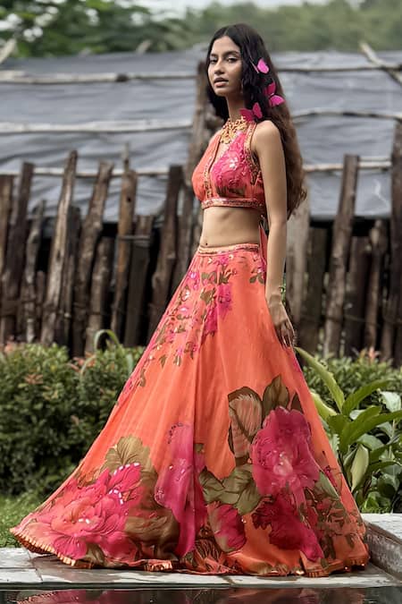 Shop_Basil Leaf_Orange Organza Sequins, Tassels Halter Neck Rose Print Lehenga Set _Online_at_Aza_Fashions