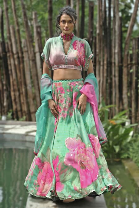 Basil Leaf Mint Chinon, Chiffon, Organza Sequins V-neck Fleur Print Lehenga Set 